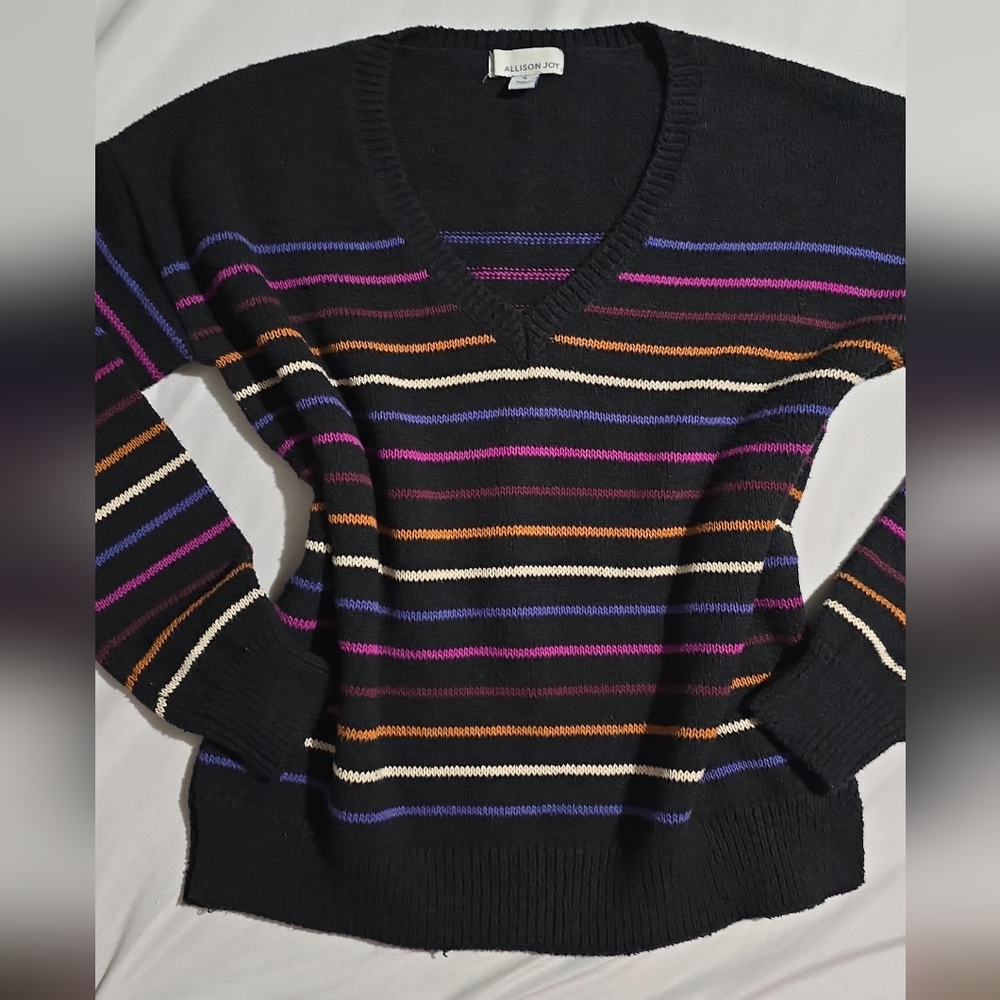 Allison Joy V-Neck Sweater - Black with Multicolor Stripes